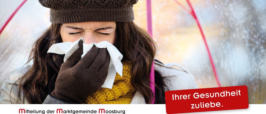 Plakat für eine kostenlose Grippeimpfungsveranstaltung in Moosburg. Die Veranstaltung wird von der Moosburg-Gemeinschaft in Zusammenarbeit mit dem örtlichen Gesundheitsamt organisiert. Die Impfung ist für den 11. November 2025 von 13:00 bis 15:00 Uhr im Gemeindezentrum Schaller geplant. Die Anmeldung ist bis zum 10. November 2025 möglich.