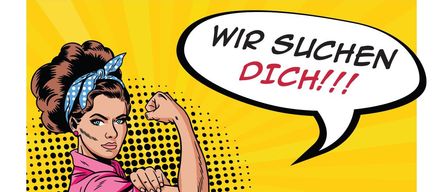 Eine Werbung zeigt eine Frau, die ihren Arm kräftigt, mit einem Sprechblasentext 'WIR SUCHEN DICH!!!' Sie trägt ein rosa Hemd und hat ein blaues Band im Haar. Darunter steht ein Haken und der Text 'gegenseitige Versicherung, keine AMS-Beiträge'.