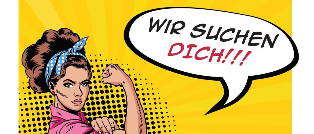 Eine Werbung zeigt eine Frau, die ihren Arm kräftigt, mit einem Sprechblasentext 'WIR SUCHEN DICH!!!' Sie trägt ein rosa Hemd und hat ein blaues Band im Haar. Darunter steht ein Haken und der Text 'gegenseitige Versicherung, keine AMS-Beiträge'.