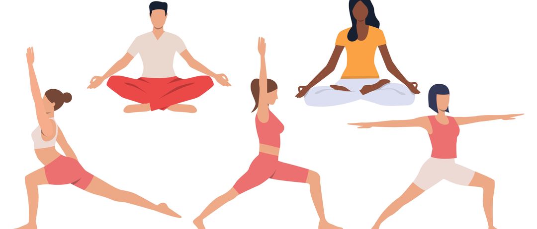 Eine Illustration von vier Personen, die Yoga-Posen machen. Ein Mann und eine Frau sitzen in der Lotusposition, eine Frau ist in einer stehenden Yoga-Pose und ein Bein ist allein zu sehen.