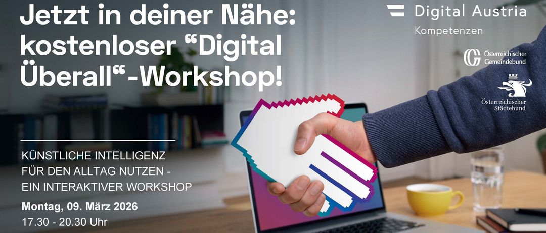 Ein Bild, das einen Workshop zur digitalen Kompetenz in Österreich bewirbt, zeigt eine Hand, die ein Dokument und einen Laptop hält, sowie einen QR-Code zur Anmeldung. Die Veranstaltung ist für März 2026 geplant.