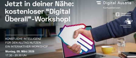 Ein Bild, das einen Workshop zur digitalen Kompetenz in Österreich bewirbt, zeigt eine Hand, die ein Dokument und einen Laptop hält, sowie einen QR-Code zur Anmeldung. Die Veranstaltung ist für März 2026 geplant.