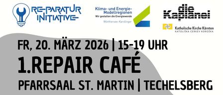 Ein Plakat für eine Reparatur-Café-Veranstaltung am 20. März 2026 von 15-19 Uhr im Pfarrsaal St. Martin, Techelsberg. Das Event lädt ein, defekte Alltagsgegenstände zur Reparatur mitzubringen. Kaffee und Kuchen sind vorhanden.