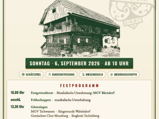 Plakat für die Sangerfest-Veranstaltung am Bauernhof mit einer Scheune und einem Zeitplan für Aktivitäten, einschließlich eines Gottesdienstes, Kinderaktivitäten und musikalischer Aufführungen. Geplant für den 6. September 2026.