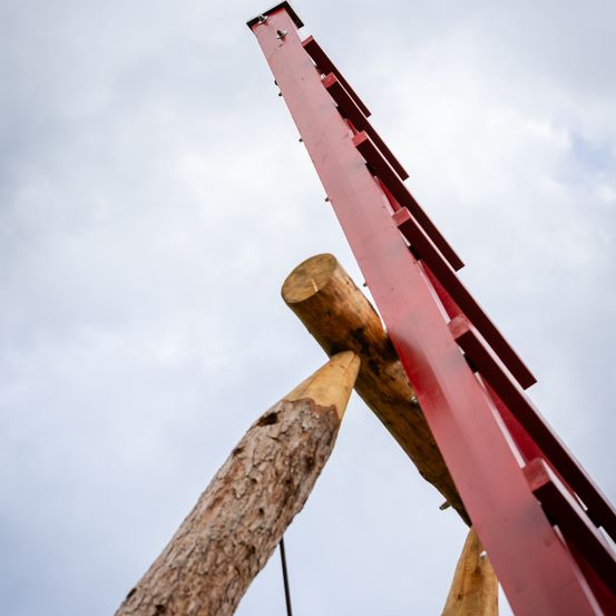 Eine rote Metallleiter ist mit einem Seil an einem Holzstamm befestigt. Die Leiter neigt sich nach oben. Der Stamm hat eine raue Oberfläche. Der Himmel ist bewölkt.