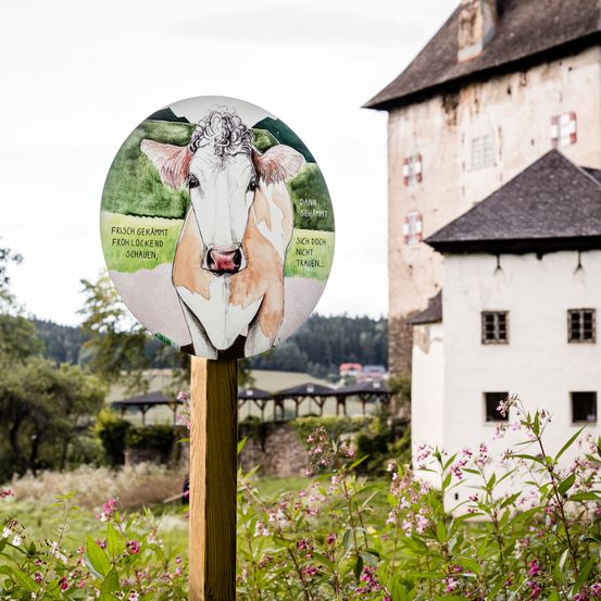 Ein Schild mit einer Kuhillustration steht in einem Garten und enthält Text auf Deutsch. Dahinter ist eine Burg mit schwarzem Dach und rotem Rand sichtbar. Der Hintergrund besteht aus einem grünen Feld und Bäumen.