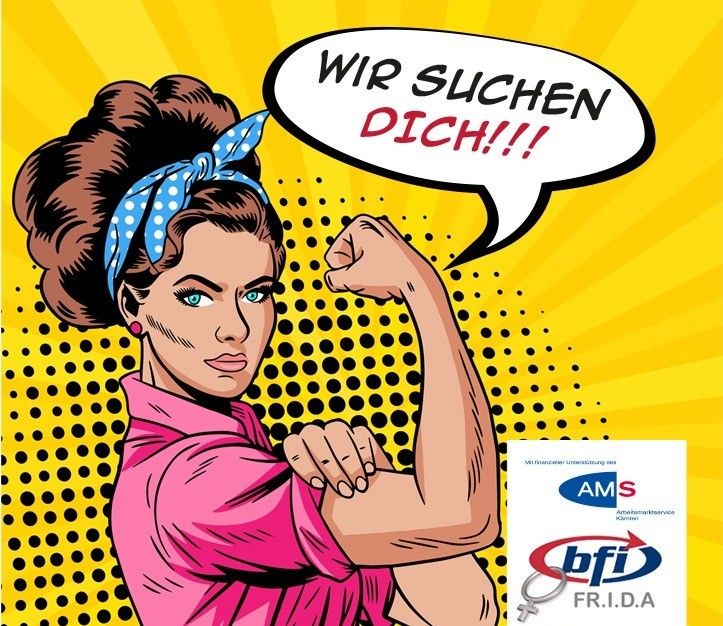 Eine Comic-Frau mit einem rosa Shirt und einer blauen Bandana, die ihren Arm reckt und ein Sprechblase, die 'Wir suchen DICH!!!' mit einem Markenlogo sagt.