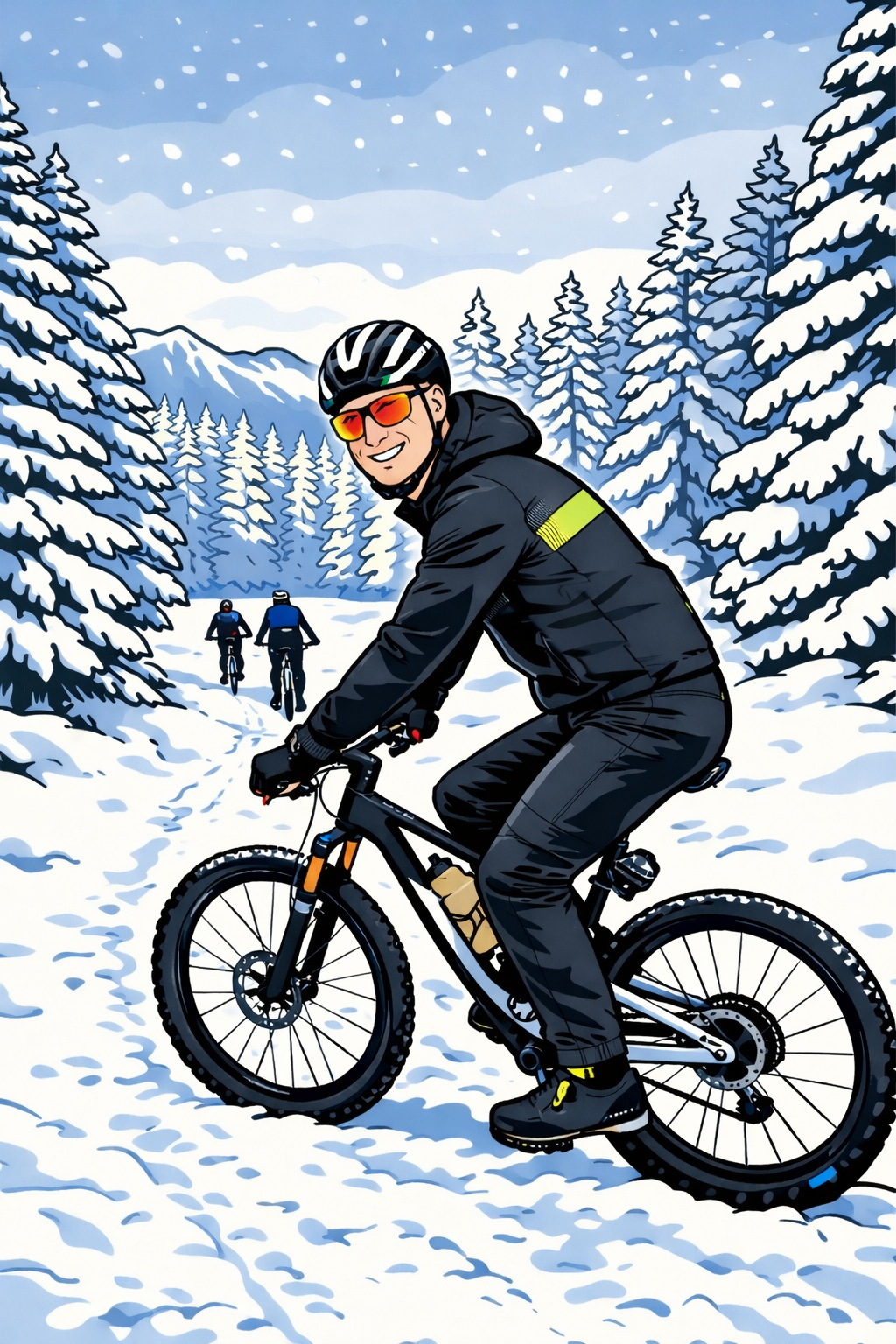 Eine Illustration eines Mannes, der durch schneebedeckte Berge radelt, einen Helm und eine Sonnenbrille trägt, mit zwei anderen Radfahrern hinter ihm.