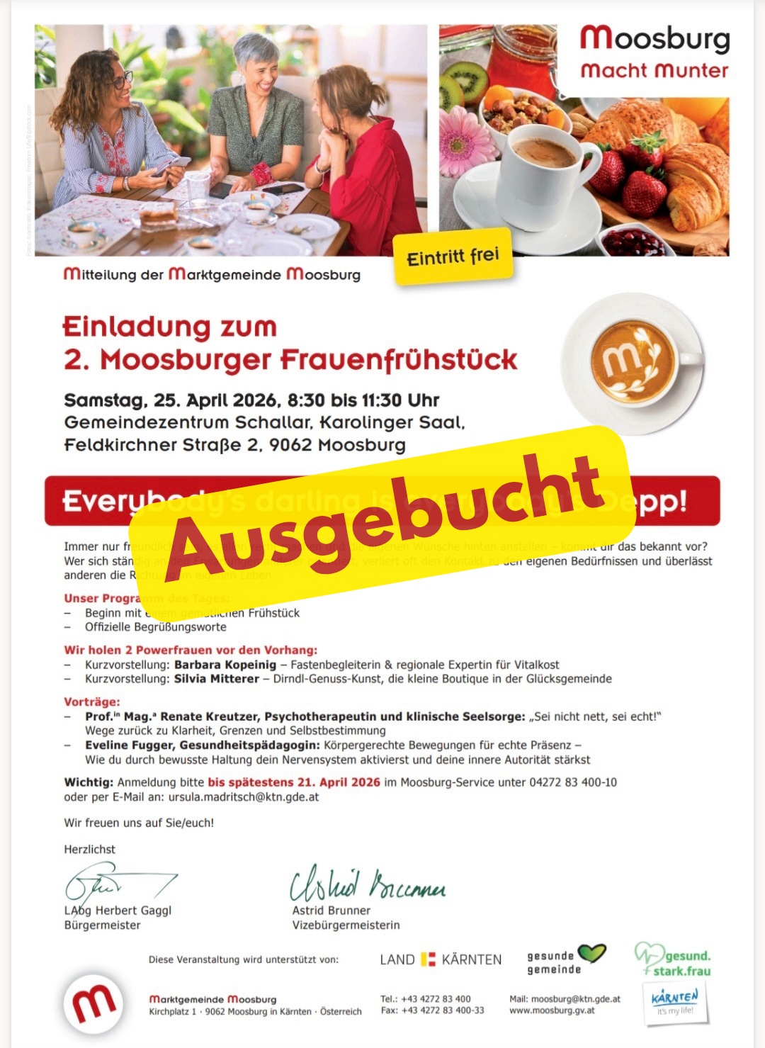 Einladung zum 2. Moosburger Frauenfrühstück, Samstag, 25. April 2026, 8:30 bis 11:30 Uhr. Mit Referentinnen Barbara Kopeinig und Silvia Mitterer. Anmeldeschluss 21. April 2026 im Moosburg-Service.