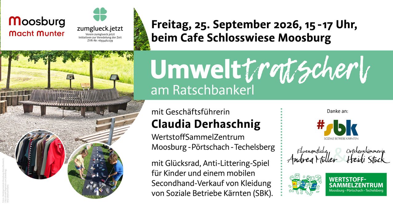 Plakat für eine Umweltveranstaltung am 25. September 2026 mit einer Bank, einem spielenden Kind und einem grünen Hintergrund mit Text in Deutsch und Englisch.