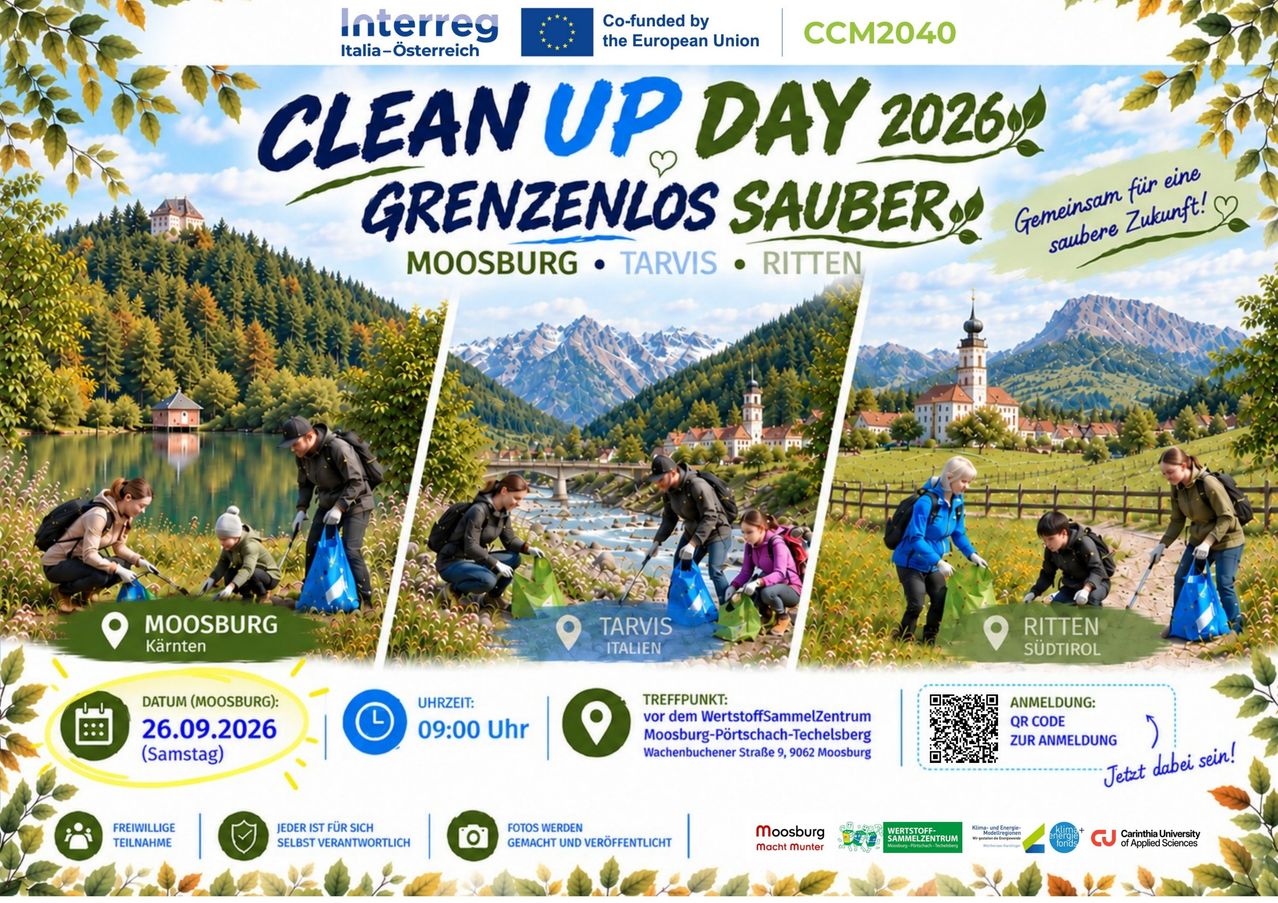 Plakat für den Clean Up Day 2026 in Moosburg, Tarvis und Ritten, mit Menschen, die einen Fluss säubern, und Bergen im Hintergrund. Die Veranstaltung wird von der Europäischen Union kofinanziert.