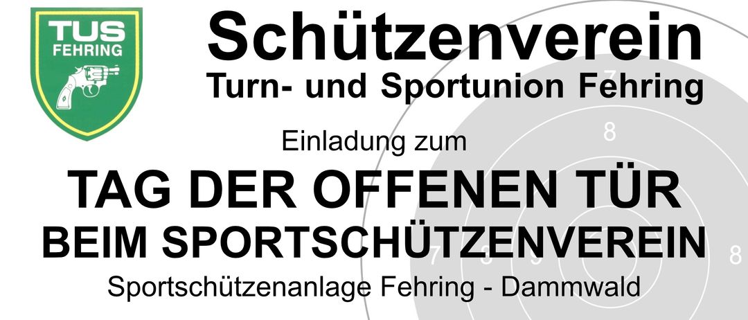 Ein schwarz-weißes Plakat lädt Teilnehmer zur offenen Sportschutzeinrichtung ein. Der Text lautet 'Schutzenv Turn- und Sportunion Einladung zum DER OFFENEN PORTSCHUTZEN' in fetter Schrift. Im unteren Bereich stehen die Worte 'schutzenanlage Feh-ring - Dam'.