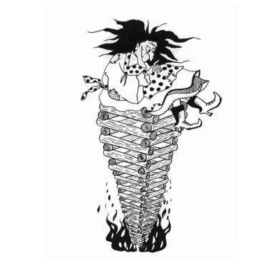 Eine Schwarz-Weiß-Zeichnung zeigt eine Frau, die auf einem Holzstapel sitzt, mit Flammen darunter.