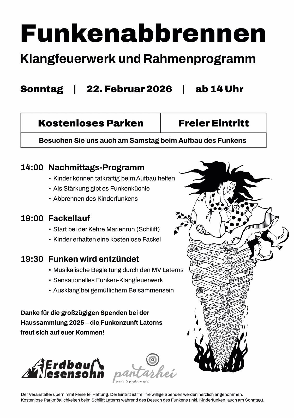 Plakat für eine Familienveranstaltung am 22. Februar 2026, Beginn um 14 Uhr. Es beinhaltet kostenloses Parken und Eintritt. Aktivitäten umfassen Nachmittagsprogramme, Aufbau des Funkens und eine Nachtshow mit Musik, Feuerwerk und einem Holzverbrennungszeremonie. Spenden für die Haussammlung 2025 sind willkommen.