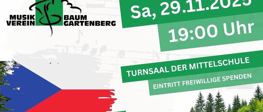 Plakat für ein Musikkonzert in Gartenberg am 29. November 2025. Die Veranstaltung beginnt um 19:00 Uhr. Im Hintergrund sind eine tschechische Flagge, Bäume und ein Fluss zu sehen.