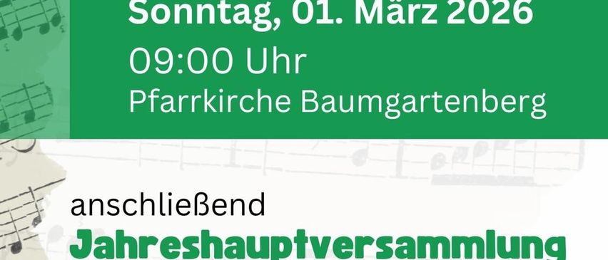 Plakat für die 'Musiker-Gedenkmesse' am 1. März 2026 um 09:00 Uhr in der Pfarrkirche Baumgartnerg. Danach Jahreshauptversammlung des Musikvereins im Cafe Andrea.