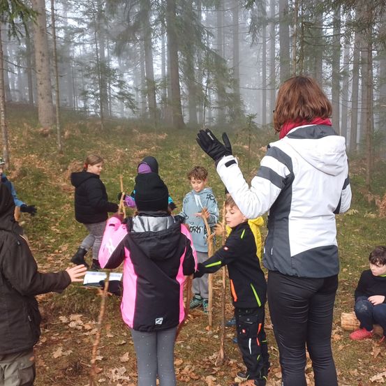 In einem nebligen Wald stehen eine Gruppe von Kindern und einem Erwachsenen, die Stöcke halten. Der Erwachsene erklärt etwas, während die Kinder aufmerksam zuhören.