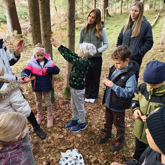 Eine Gruppe von Kindern und Erwachsenen steht in einem Wald und betrachtet Blätter. Ein Kind hält ein Blatt hoch. Die Erwachsenen schauen zu und einer gestikuliert. Die Kinder tragen Winterkleidung.