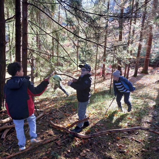 Eine Gruppe von Kindern ist draußen in einem Wald und sammelt Stöcke und Zweige. Sie sind warm gekleidet und scheinen an einer spielerischen Aktivität teilzunehmen.