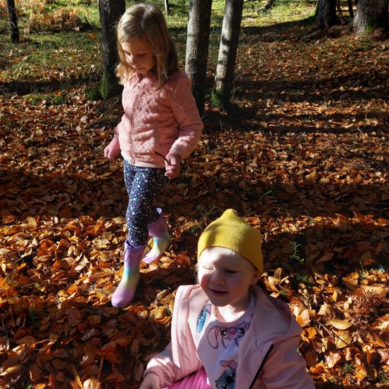 Zwei kleine Mädchen spielen in einem Wald, umgeben von gefallenen Blättern. Ein Mädchen geht und hält einen Stock, das andere sitzt und lächelt. Sie tragen beide rosa Jacken und bunte Stiefel.
