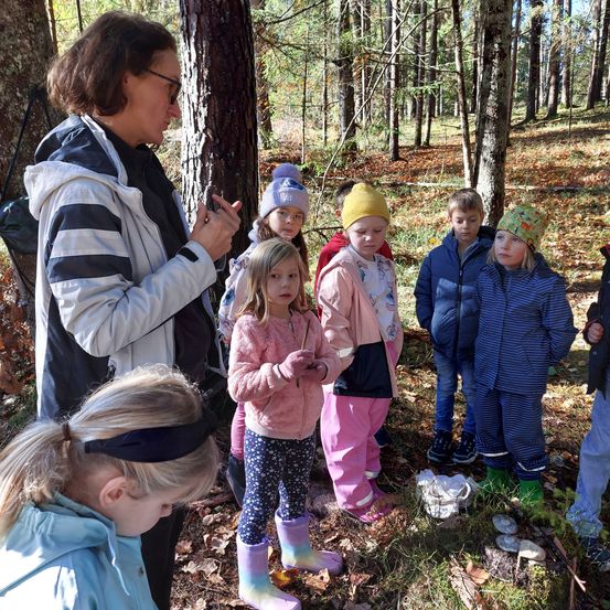 Eine Gruppe von Kindern und einer erwachsenen Frau befindet sich in einem Wald, möglicherweise im Lernprozess. Die erwachsene Frau hält ein kleines Objekt und zeigt es den Kindern.