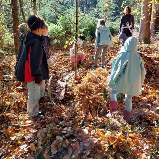 Eine Gruppe von Kindern und Erwachsenen erkundet ein Waldgebiet mit Laub. Ein Kind kniet und untersucht etwas am Boden, während eine Frau in der Nähe steht.