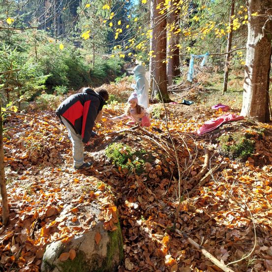 Eine Person und ein Kind erkunden einen mit gefallenen Blättern bedeckten Wald. Die Person beugt sich nach unten, während das Kind den Boden berührt. Ein Baumstamm und ein Ast sind im Vordergrund.