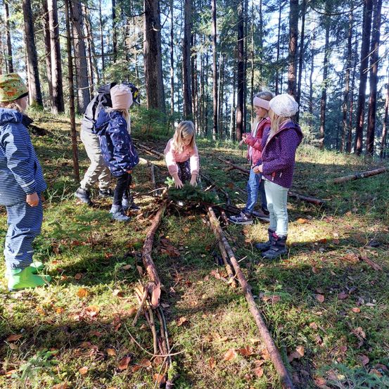 Kinder versammeln sich um einen umgestürzten Baum im Wald, sammeln Zweige und Blätter, tragen Jacken und einige tragen Stiefel. Hohe Bäume umgeben sie.