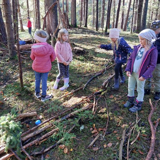 Fünf junge Mädchen stehen in einem Wald, untersuchen und erkunden gefallene Äste. Ein Mädchen zeigt auf etwas.