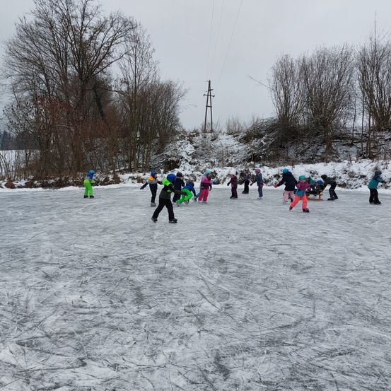 Eine Gruppe von Kindern spielt auf einer Eisbahn, umgeben von Schnee und Bäumen an einem bewölkten Tag.