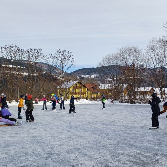 Eine Gruppe von Menschen skat in einer Eisbahn im Freien mit verschneiten Bergen im Hintergrund. Einige tragen Helme und Jacken. Bäume und Häuser umgeben die Eisbahn.