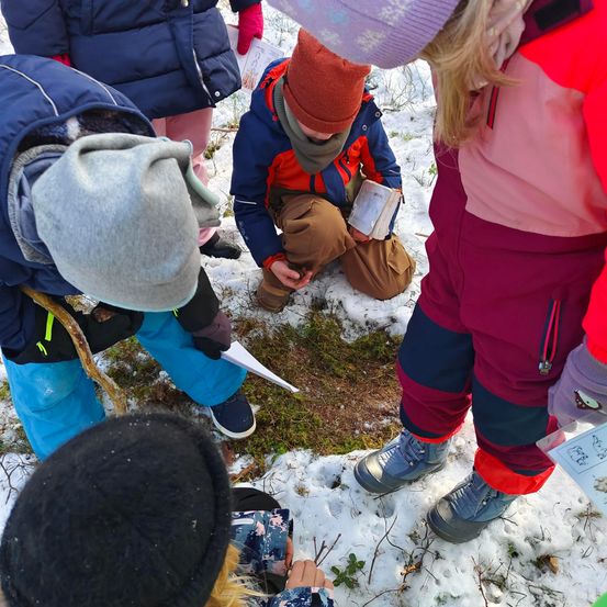 Eine Gruppe von Menschen in Winterkleidung kauert sich über einer Schneefläche, möglicherweise bei einer wissenschaftlichen Untersuchung oder Beobachtung.