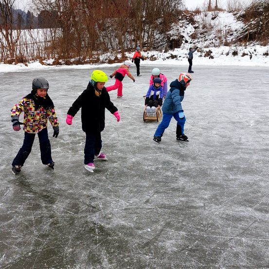 Eine Gruppe von Kindern skat auf einem vereisten See. Ein Kind wird in einem Schlitten geschoben. Bäume und Schnee sind im Hintergrund.