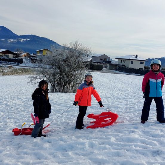 Drei Kinder spielen auf Schlitten in einem verschneiten Feld. Sie ziehen ihre Schlitten, während sie warme Kleidung tragen. Hinter ihnen ist ein schneebedeckter Baum zu sehen, und im Hintergrund stehen Häuser.