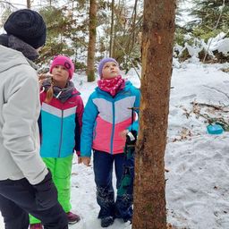 Ein Mann und zwei Kinder stehen in einem verschneiten Wald, einer untersucht einen Baumstamm mit einem Stock.