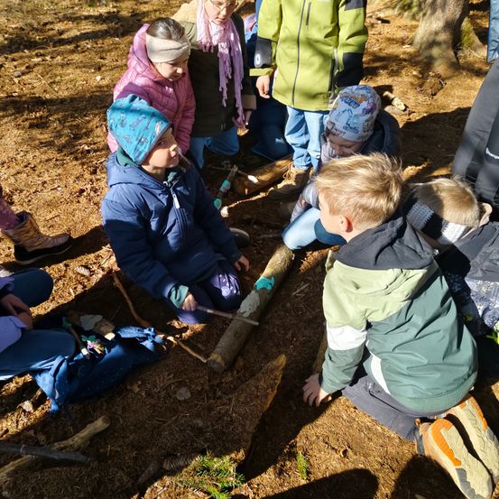 Eine Gruppe von Kindern sitzt in einem Wald und ist in einer Outdoor-Aktivität verwickelt. Einige tragen Winterjacken und Stiefel, während andere Stirnbänder haben. Sie sind um einen Baumstamm versammelt, möglicherweise an einem Projekt arbeitend.