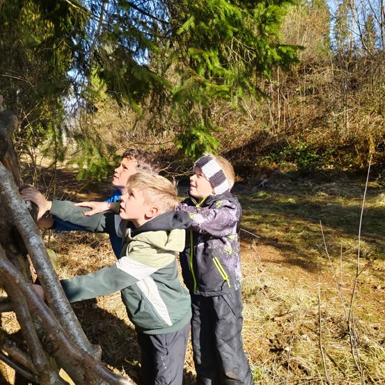 Drei Jungen befinden sich in einem Wald und erkunden eine Struktur aus Baumzweigen. Ein Junge klettert auf die Struktur, während die anderen zusehen.