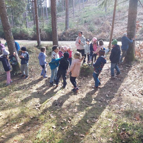 Eine Gruppe von Kindern steht in einem Wald, einige tragen Jacken und Mützen. Ein Erwachsener steht vor ihnen. Sie scheinen an einer Naturaktivität teilzunehmen.