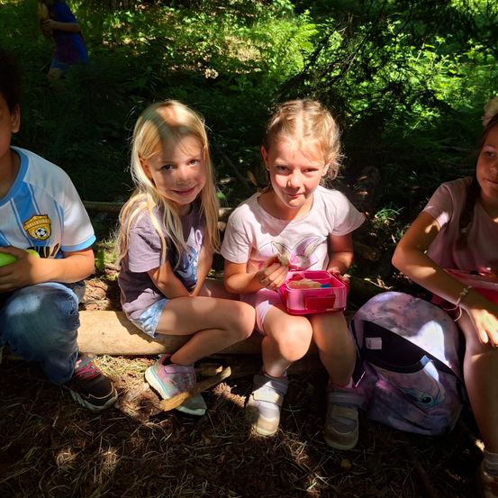 Vier Kinder sitzen auf einem Baumstrunk im Wald. Zwei Mädchen haben Snacks in den Händen. Ein Junge hält einen Apfel. Dahinter sind mehr Pflanzen und Bäume.