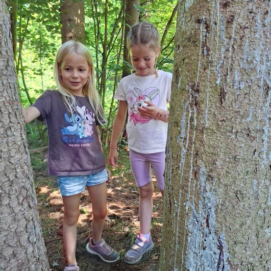 Zwei Mädchen stehen in einem Wald zwischen zwei Bäumen, lächeln und posieren für ein Foto. Eine trägt ein lila Shirt, die andere ein rosanes.