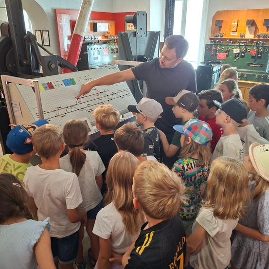 Ein Mann erklärt etwas auf einem großen weißen Brett für eine Gruppe von Kindern.