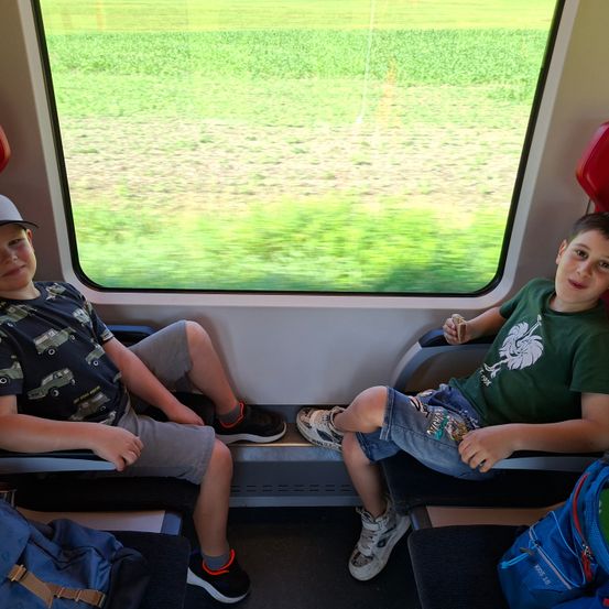 Zwei Jungen sitzen in einem Zug, einer isst ein Sandwich und der andere ruht sich aus. Der Blick nach draußen ist ein verschwommenes grünes Feld.