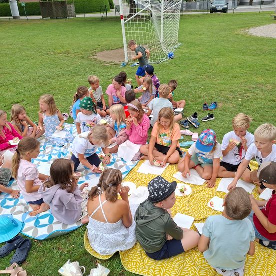 Eine Gruppe von Kindern sitzt auf einer Decke im Park, isst Snacks und macht ein Picknick. Ein Fußballtor ist im Hintergrund.