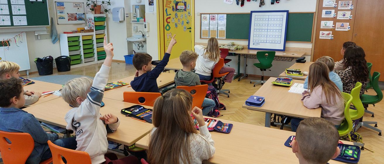 In einem Klassenzimmer sitzen mehrere Kinder an Schreibtischen, einige heben ihre Hände. Dahinter sitzt eine Lehrerin an einem Schreibtisch, und der Raum hat bunte Alphabetdekorationen an der Wand.