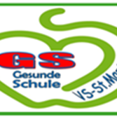 Ein grünes apfelförmiges Logo mit dem Text 'GS Gesunde Schule' darin, umgeben von einem grünen Rand und den Worten 'VS-St. Martin' unten.