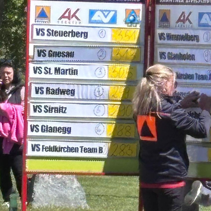 Ein Anzeigetafel zeigt Ergebnisse einer Sportveranstaltung. Teams wie Steuerberg, Glanotten und andere haben Punkte. Eine Frau steht neben der Tafel.