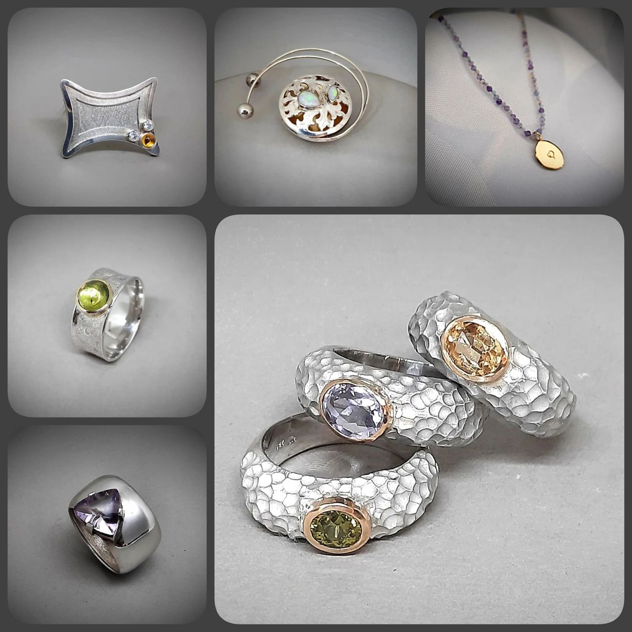 A collage of jewelry items, including a ring with a green gemstone, a ring with a yellow gemstone, a ring with a purple gemstone, a necklace with a pendant, and a decorative pendant.