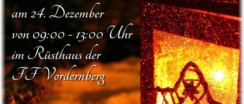 Plakat für eine Veranstaltung am 24. Dezember von 9 Uhr bis 13 Uhr im FF Vordernberg-Scheune. Zeigt eine leuchtende Laterne, ein Bethlehem-Wappen und einen Weihnachtsbaum. Der Text ist in Deutsch.