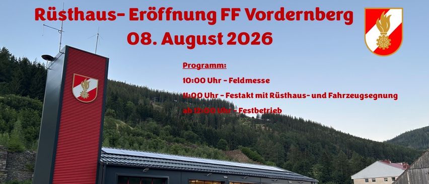 A poster for the opening of the FF Vordernberg fire station on August 8, 2026, featuring a red building with a logo, a mountain backdrop, and a schedule of events.