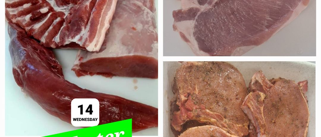 Bild mit verschiedenen frischen Schweinefleischstücken, einschließlich Rippen, Koteletts und Würsten, mit dem Datum Mittwoch, 14. Es ermutigt zum Bestellen von frischem Fleisch.